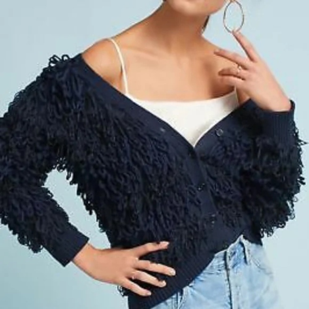 Anthro Maeve Navy Blue Larissa Fringe Button Front Cardigan